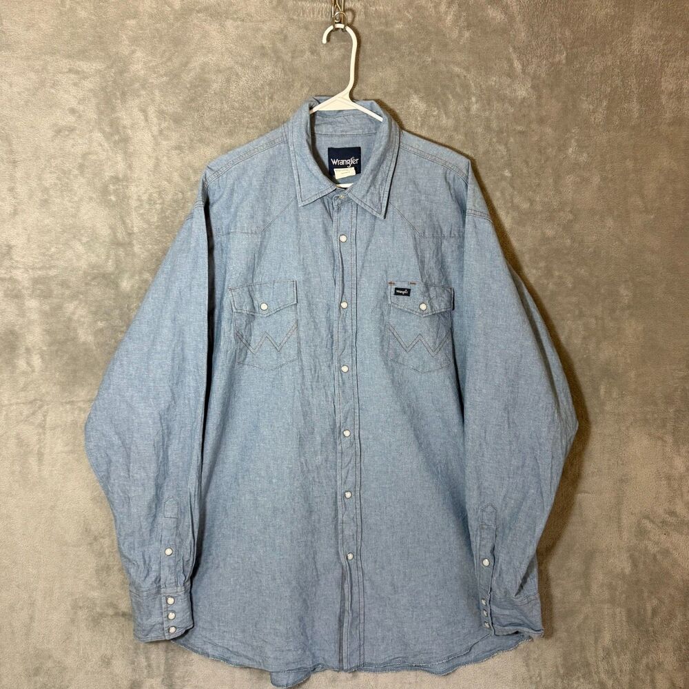 Wrangler Mens 2XT Shirt 2XLT Blue Denim Pearl Snaps Western Long Sleeve Big Tall